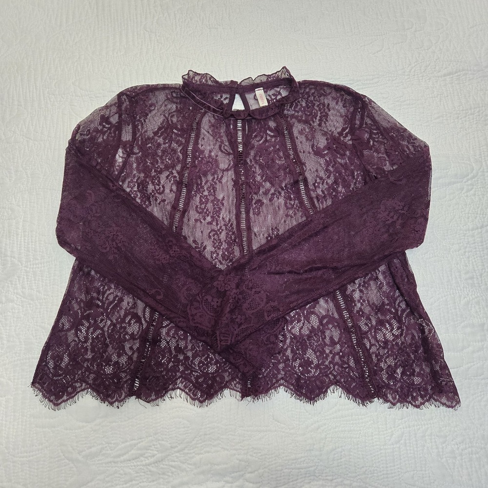 Xhilaration Womens Plum Purple Sheer Floral Lace Mock Neck Blouse Top Medium
